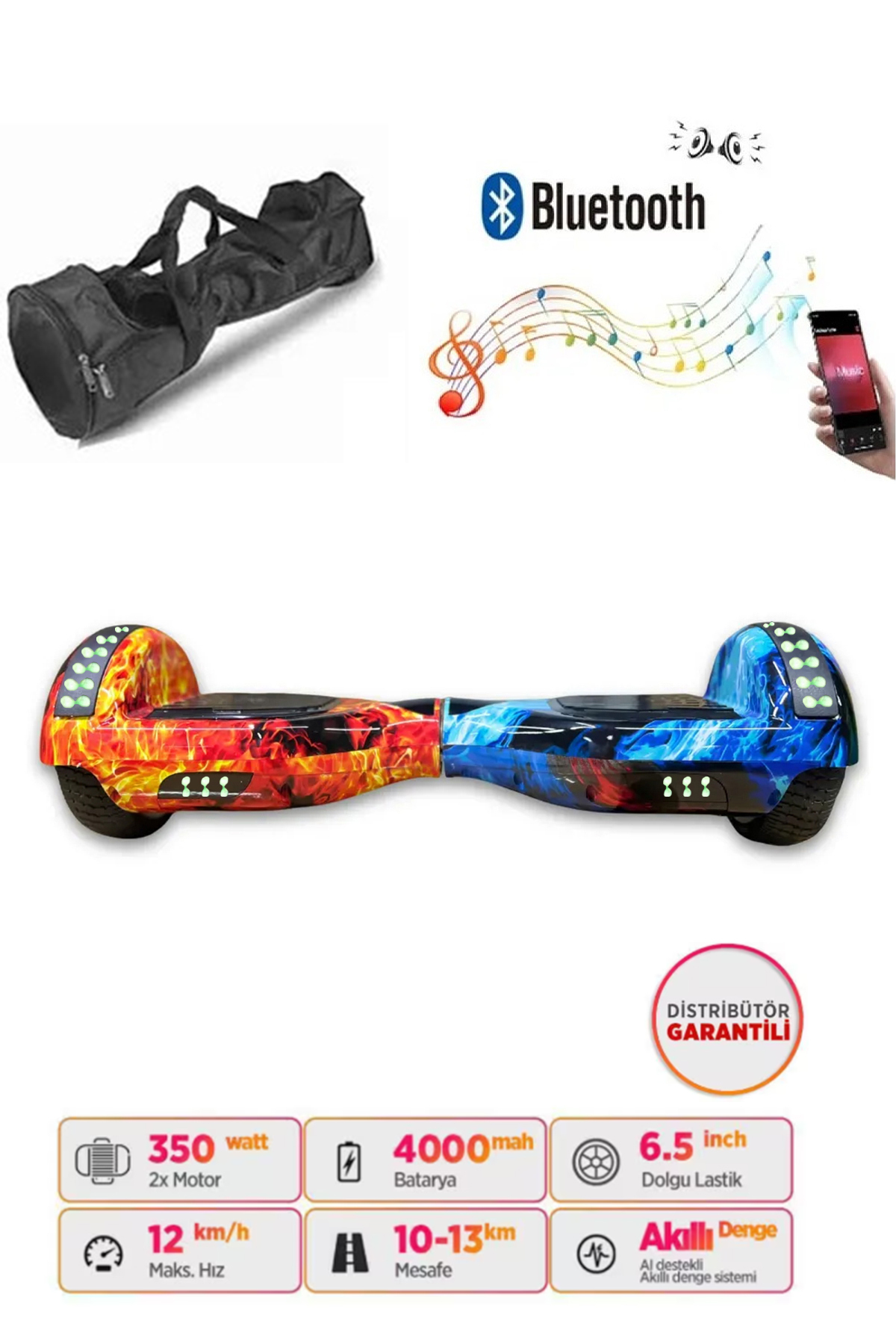 CITYMATE Elektrikli Kaykay Bluetooth Hoparlörlü 6.5" Full Ledli Çanta Hediyeli D10 Hoverboard