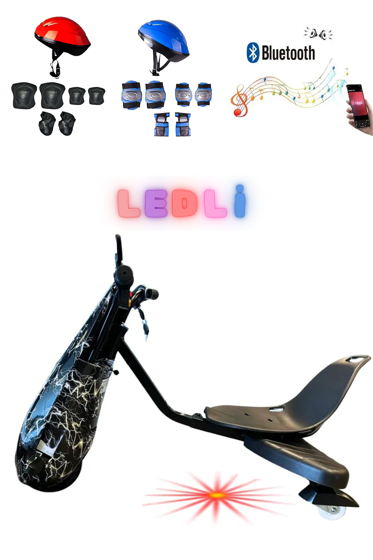 Yıldırım desenli siyah scooter, iki kask, koruyucu pedler ve Bluetooth müzik simgesi.