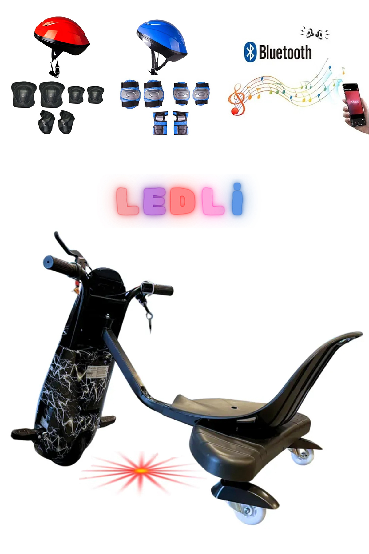 Mavi ve kırmızı kasklar ile siyah drift scooter ve koruyucu ekipman.