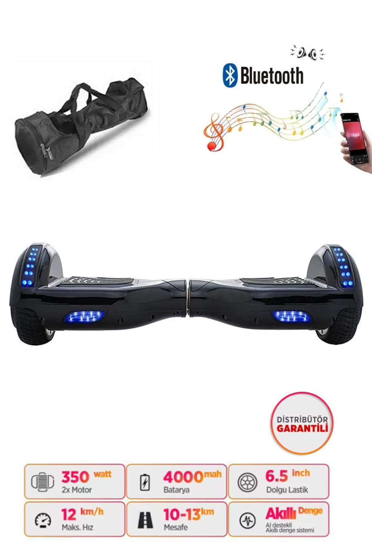 CITYMATE Elektrikli Kaykay Bluetooth Hoparlörlü 6.5" Full Ledli Çanta Hediyeli Siyah Hoverboard