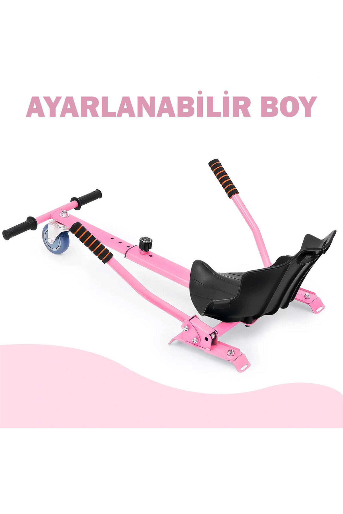 Siyah koltuklu ve tutamaklı pembe scooter.