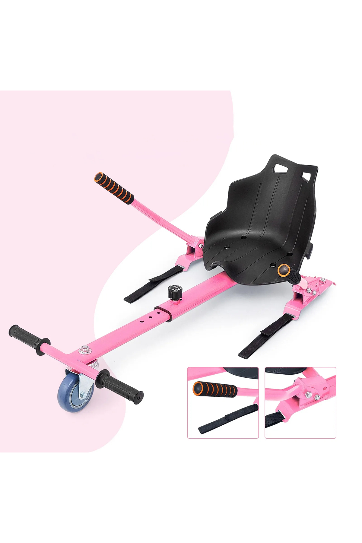 Siyah koltuklu ve ayarlanabilir tutamaklı pembe hoverboard koltuk aparatı.