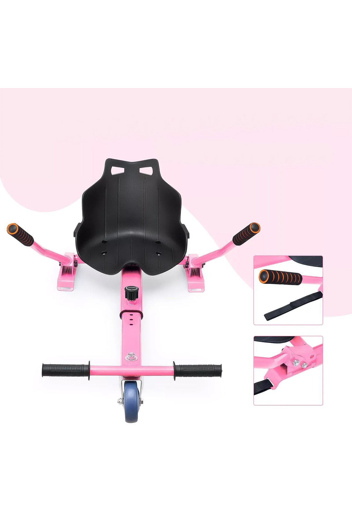Siyah oturma yeri, gidonları ve mavi tekerleği olan pembe hoverboard aksesuarı.