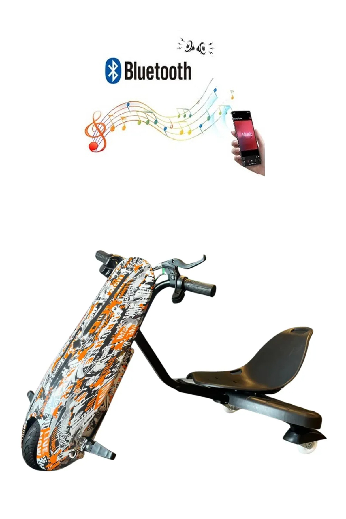 Bluetooth sembolü, müzik notaları ve elde tutulan akıllı telefon ile çocuk scooterı.
