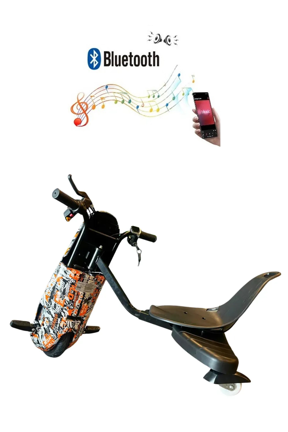 Renkli desenli siyah drift scooter, Bluetooth sembolü ve telefon yanında.