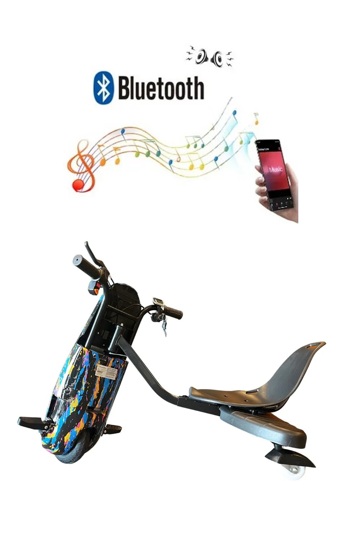 Bluetooth sembolleri, müzik notaları ve akıllı telefon ile üç tekerlekli scooter.