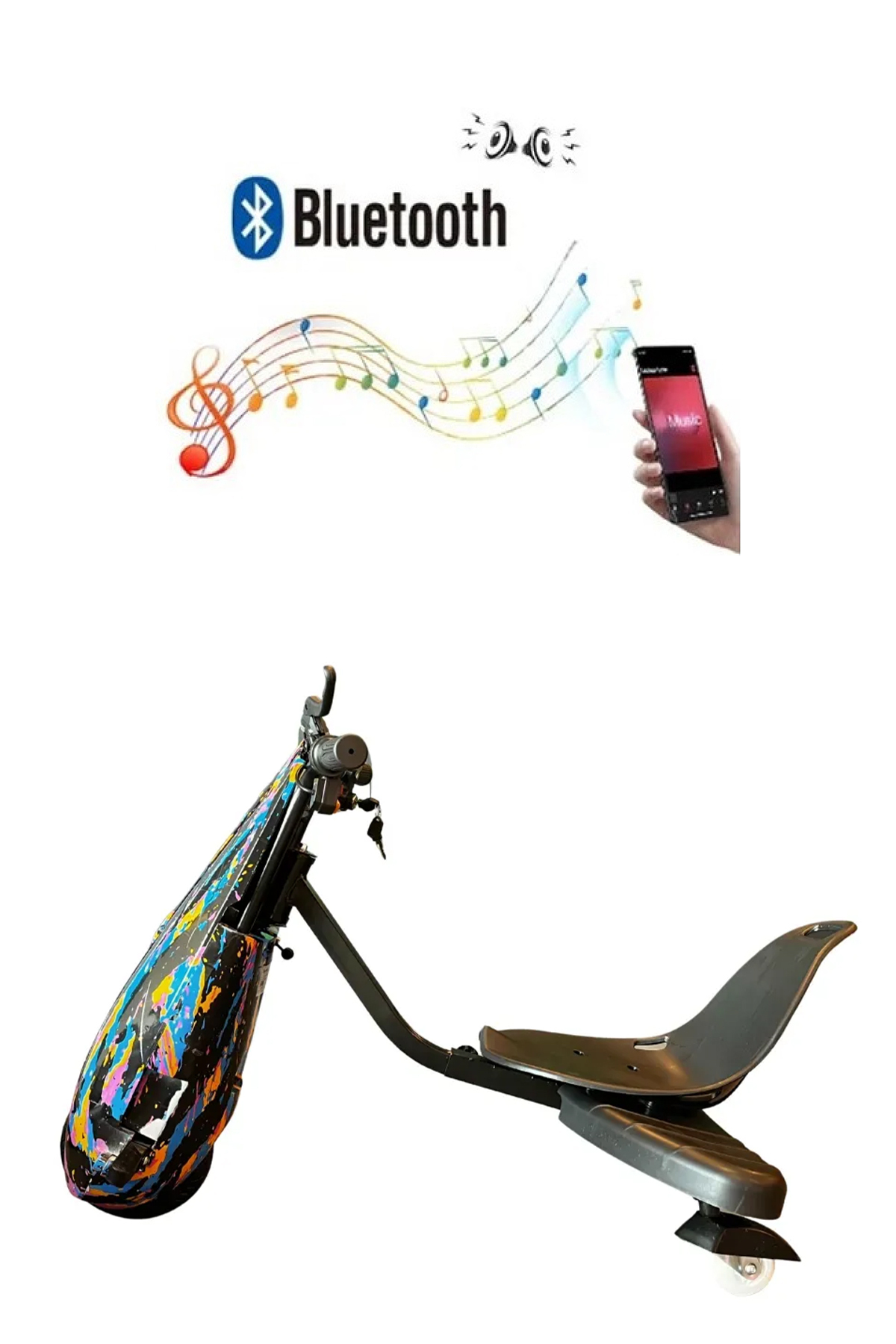 Bluetooth sembollü ve nota desenli renkli scooter.