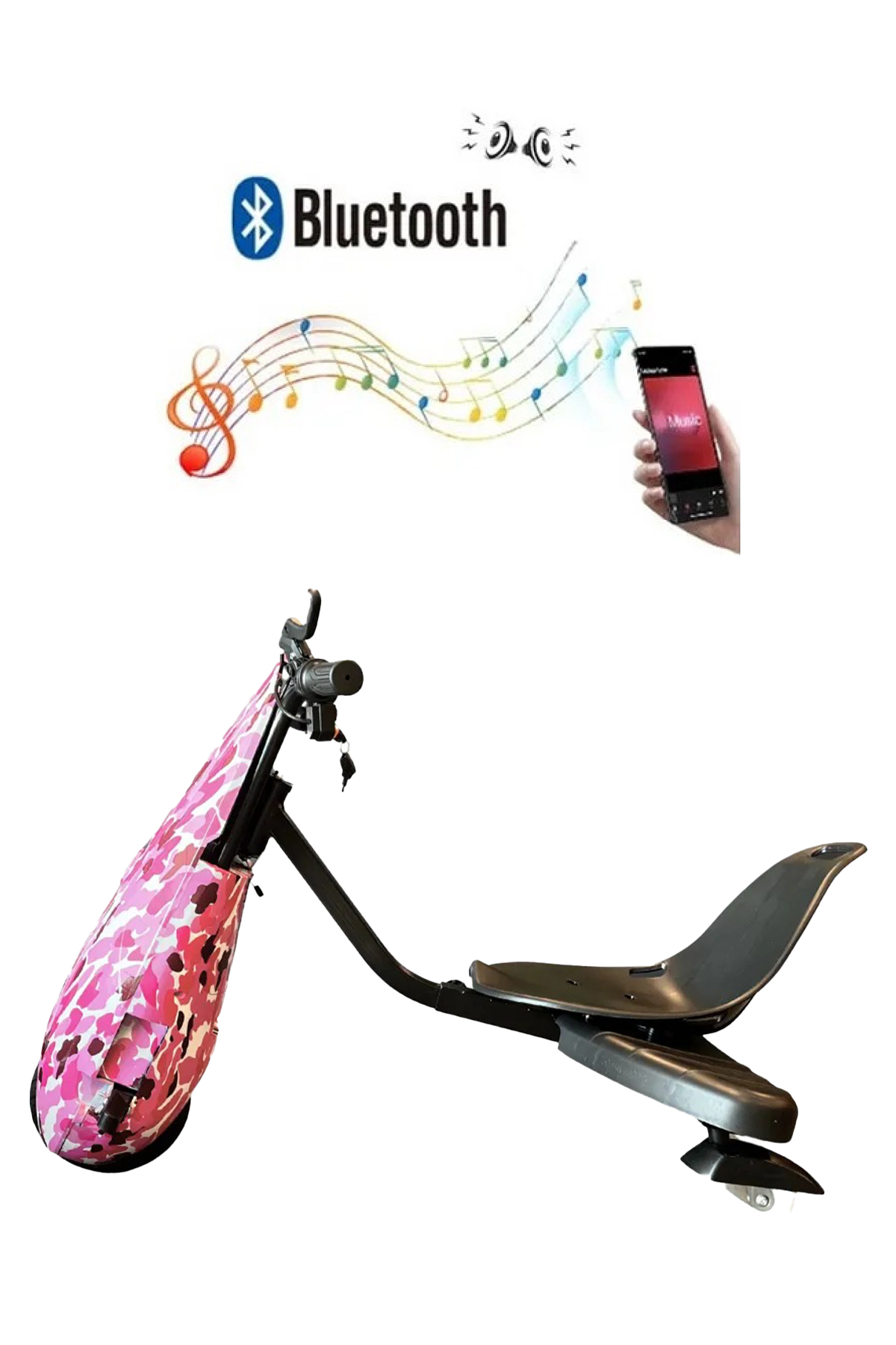 Pembe bir drift scooter, Bluetooth müzik sembolleri ve cep telefonu.