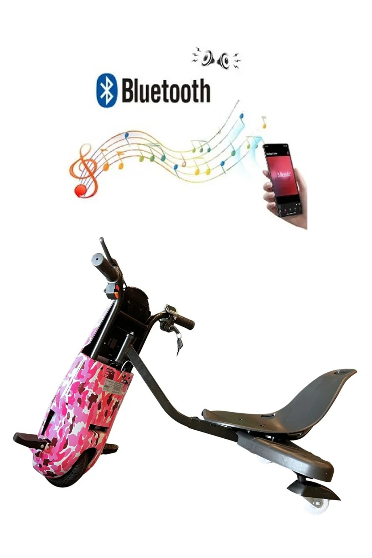 Pembe kamuflajlı, üç tekerlekli elektrikli scooter, Bluetooth sembolü ve müzik notaları.