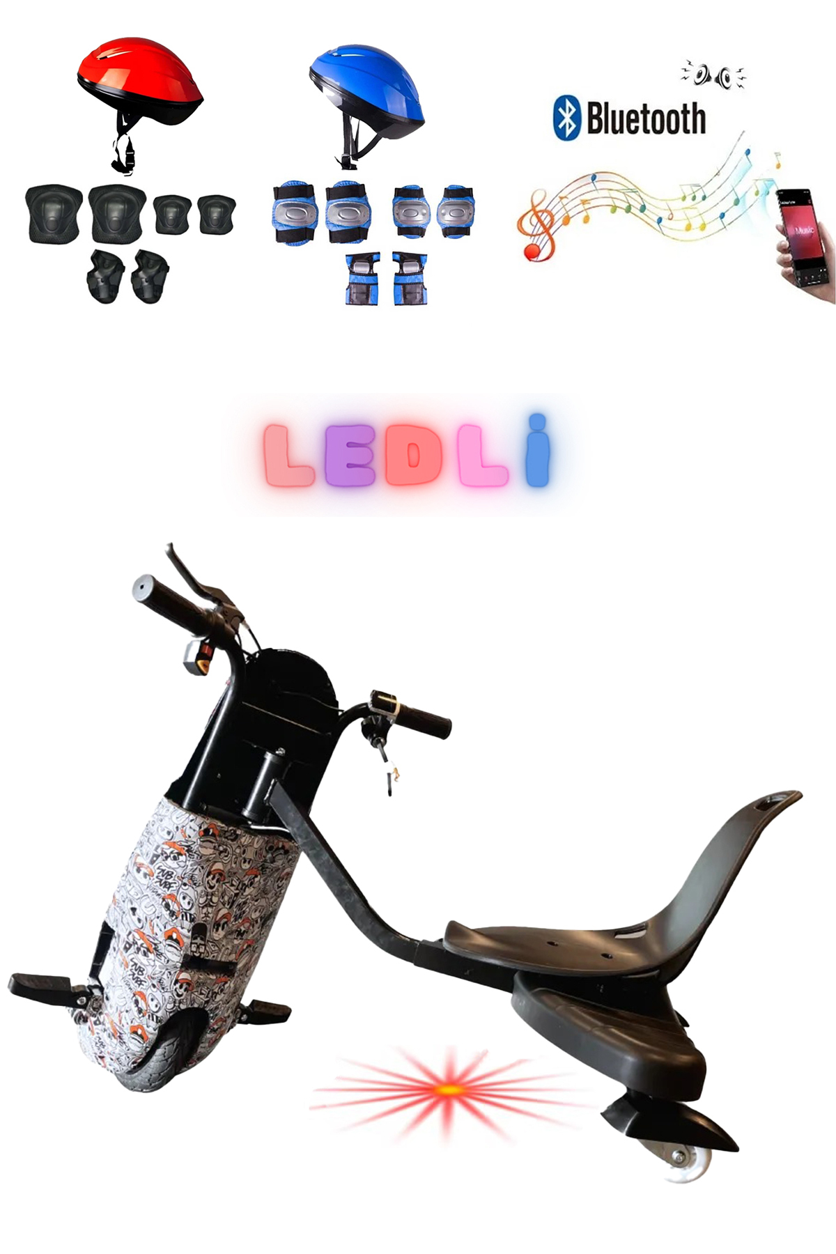Koruyucu ekipmanlı kırmızı ve mavi kask seti ve drift scooter.