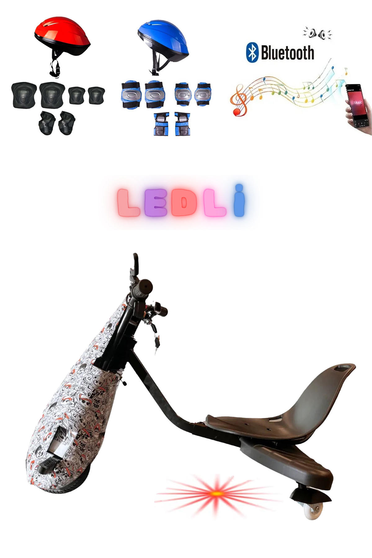 Mavi ve kırmızı kask, koruyucu ekipman, hoverboard ve Bluetooth kulaklık.