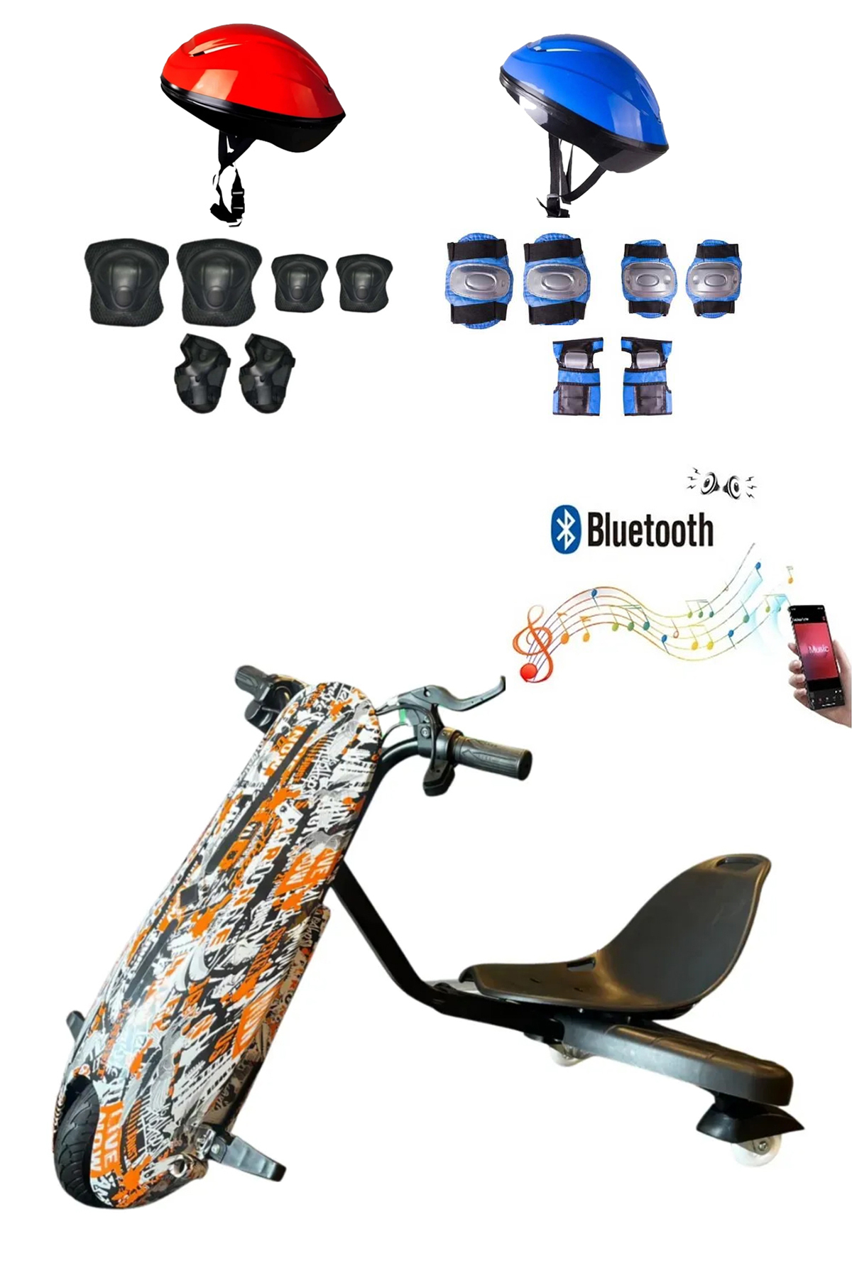 Kırmızı ve mavi kask, koruyucu ekipman ve drift scooter.