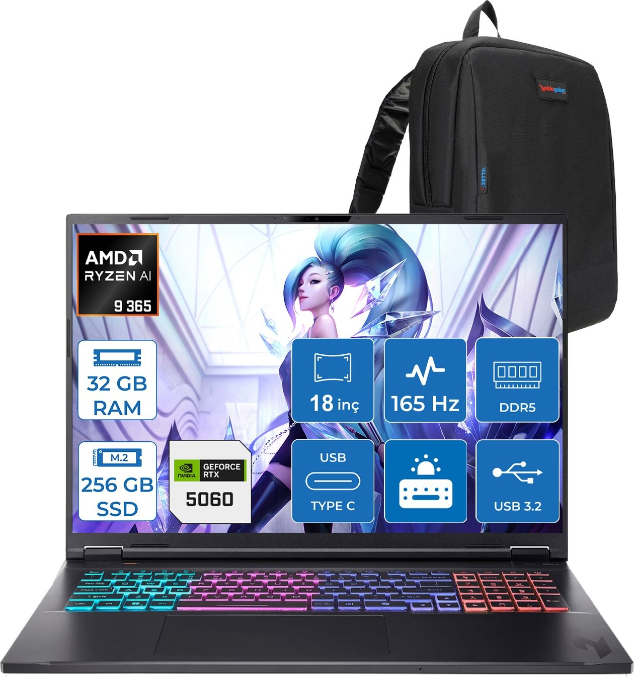 AMD Ryzen AI 9 365, 32 GB RAM, 256 GB SSD, RTX 5060 ve sırt çantalı dizüstü bilgisayar.
