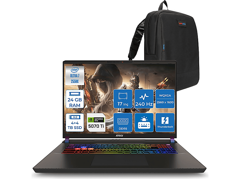 MSI Vector 17HX A2XWHG-086TR  RTX5070TI 140W  ZW086TRF08 Intel Core Ultra 7-255HX 24 GB RAM 8 TB SSD 17 inç FreeDOS Laptop+Çanta Siyah