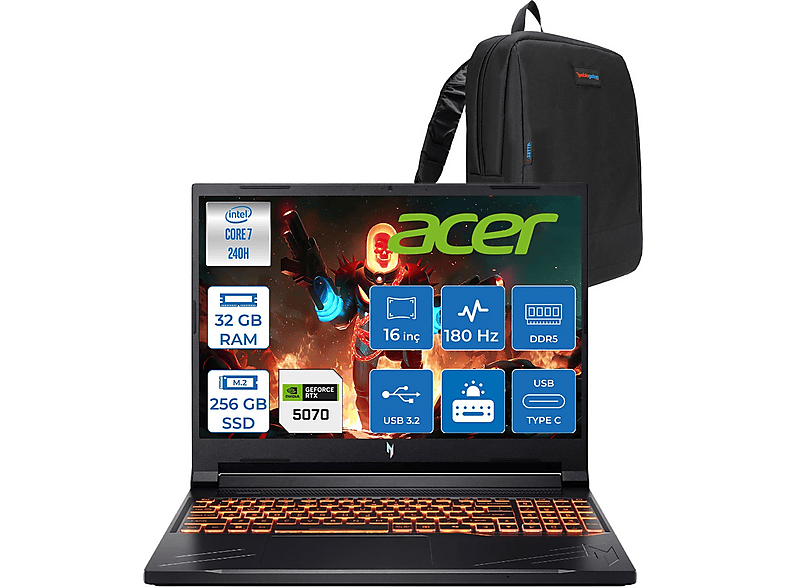 ACER Nitro V16 RTX5070/8GB 95W 180Hz Taşınabilir NHQZREY002F11 Intel® Core™ 7-240H 32 GB RAM 256 GB SSD 16 inç FreeDOS Laptop+Çanta Siyah