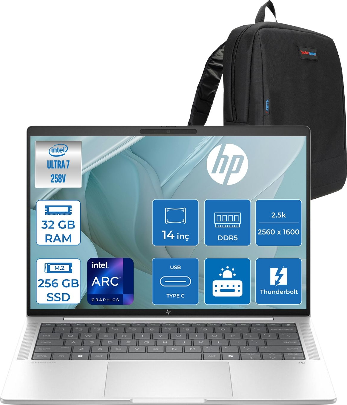 HP EliteBook x G1I Next Gen Arc 2.5K 120 Hz D30NVETF11 Intel Core Ultra 7 258V 32 GB RAM 256 GB SSD 14 inç FreeDOS Laptop+Çanta Siyah