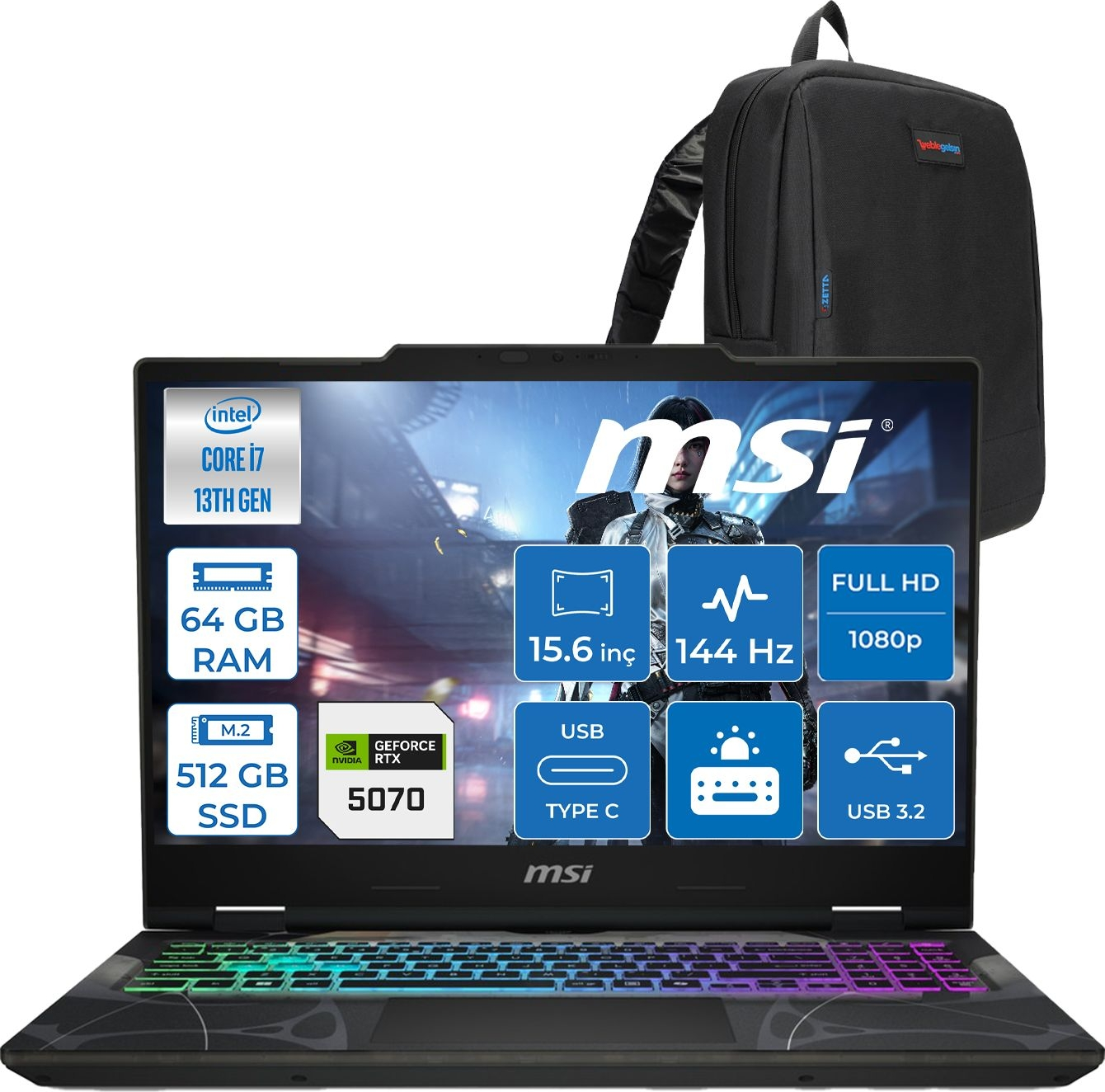 MSI Cyborg 15  RTX5070 8GB  144 Hz  IPS B13WGKG847XTRF27 Intel Core i7-13620H 64 GB RAM 1024 GB SSD 15,6 inç FreeDOS Laptop+Çanta Siyah