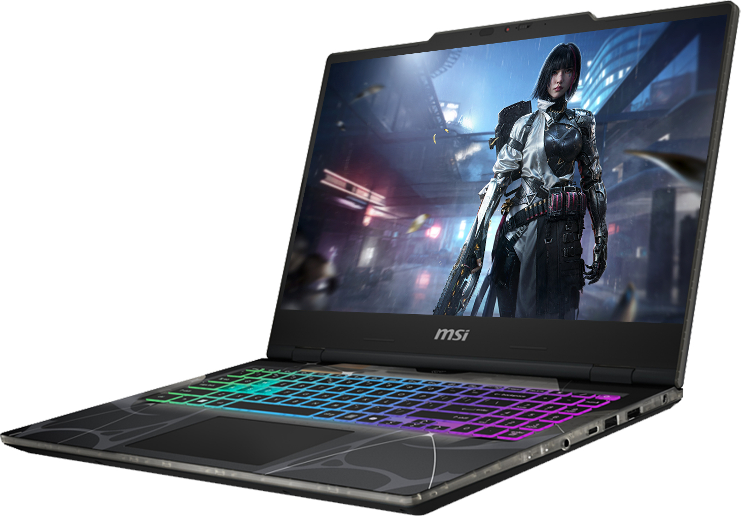 Arkadan aydınlatmalı renkli klavyeli açık bir MSI dizüstü bilgisayar ve ekranda bir oyun karakteri.