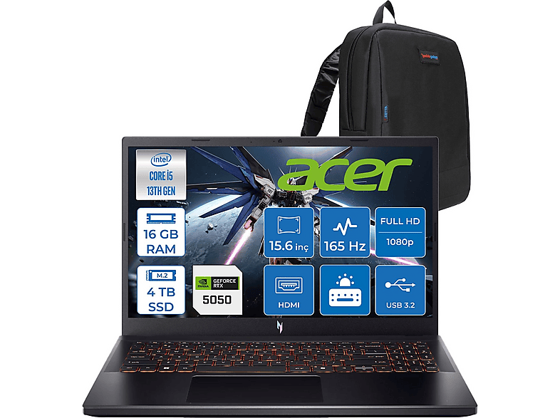 ACER Nitro V 15 ANV15 RTX5050/8GB NHQZ7EY003F05 Intel® Core™ i5-13420H 16 GB RAM 4 TB SSD 15,6 inç FreeDOS Laptop+Çanta Siyah