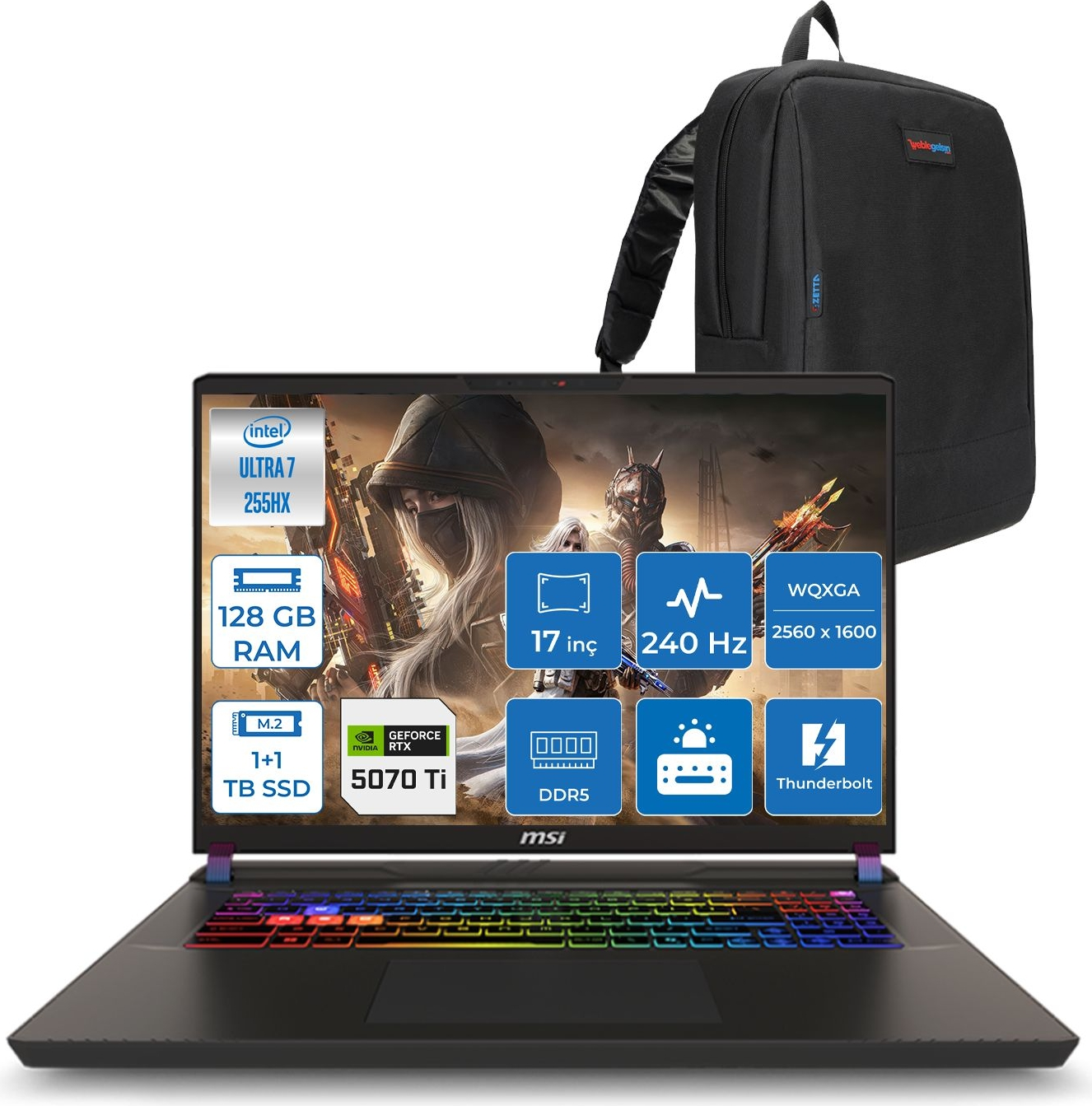 Intel Ultra 7, 128 GB RAM, RTX 5070 Ti ve sırt çantası olan MSI dizüstü bilgisayar.