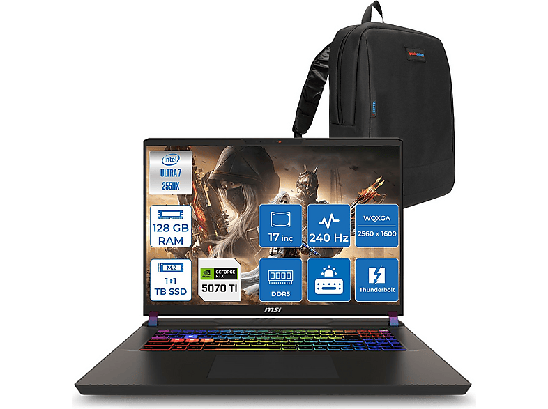 MSI Vector 17HX A2XWHG-086TR  12GB/RTX5070TI  ZW086TRF52 Intel Core Ultra 7-255HX 128 GB RAM 2 TB SSD 17 inç FreeDOS Laptop+Çanta Siyah
