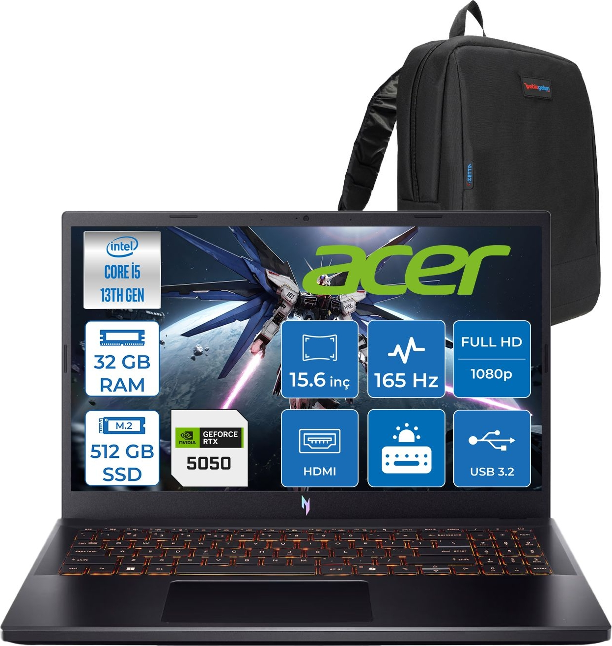 Intel Core i5, 32GB RAM, 512GB SSD, RTX 5050 Acer dizüstü bilgisayar ve sırt çantası.