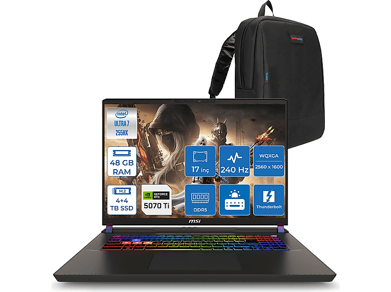 MSI Vector 17HX A2XWHG-086TR 12GB/RTX5070TI  ZW086TRF24 Intel Core Ultra 7-255HX 48 GB RAM 8 TB SSD 17 inç FreeDOS Laptop+Çanta Siyah