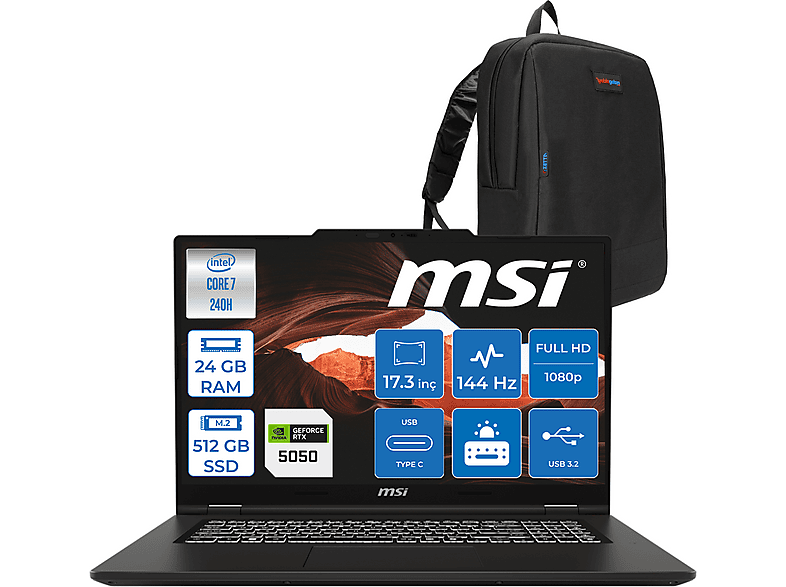 MSI Venturepro 17 Aı 8GB/RTX5050 45W 144 Hz  IPS Z027XTRF02 Intel Core i7-240H 24 GB RAM 1024 GB SSD 17,3 inç FreeDOS Laptop+Çanta Siyah