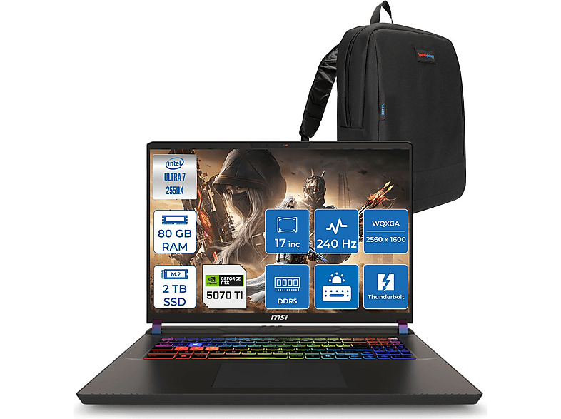 MSI Vector 17HX A2XWHG-086TR  12GB/RTX5070TI 140W  ZW086TRF37 Intel Core Ultra 7-255HX 80 GB RAM 2 TB SSD 17 inç FreeDOS Laptop+Çanta Siyah