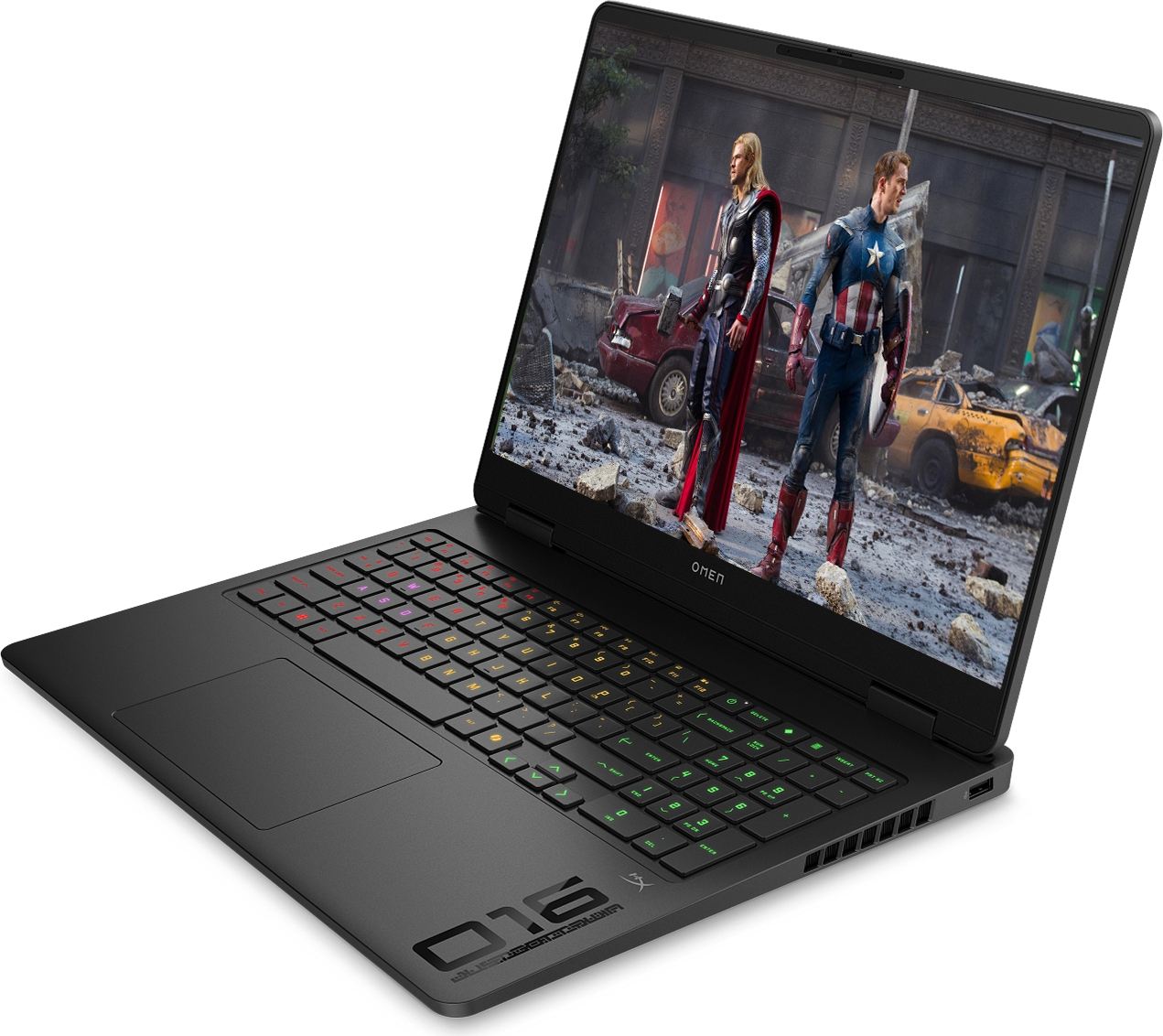 Siyah HP Omen dizüstü bilgisayar, şehir sahnesinde Thor ve Kaptan Amerika'yı gösteriyor.