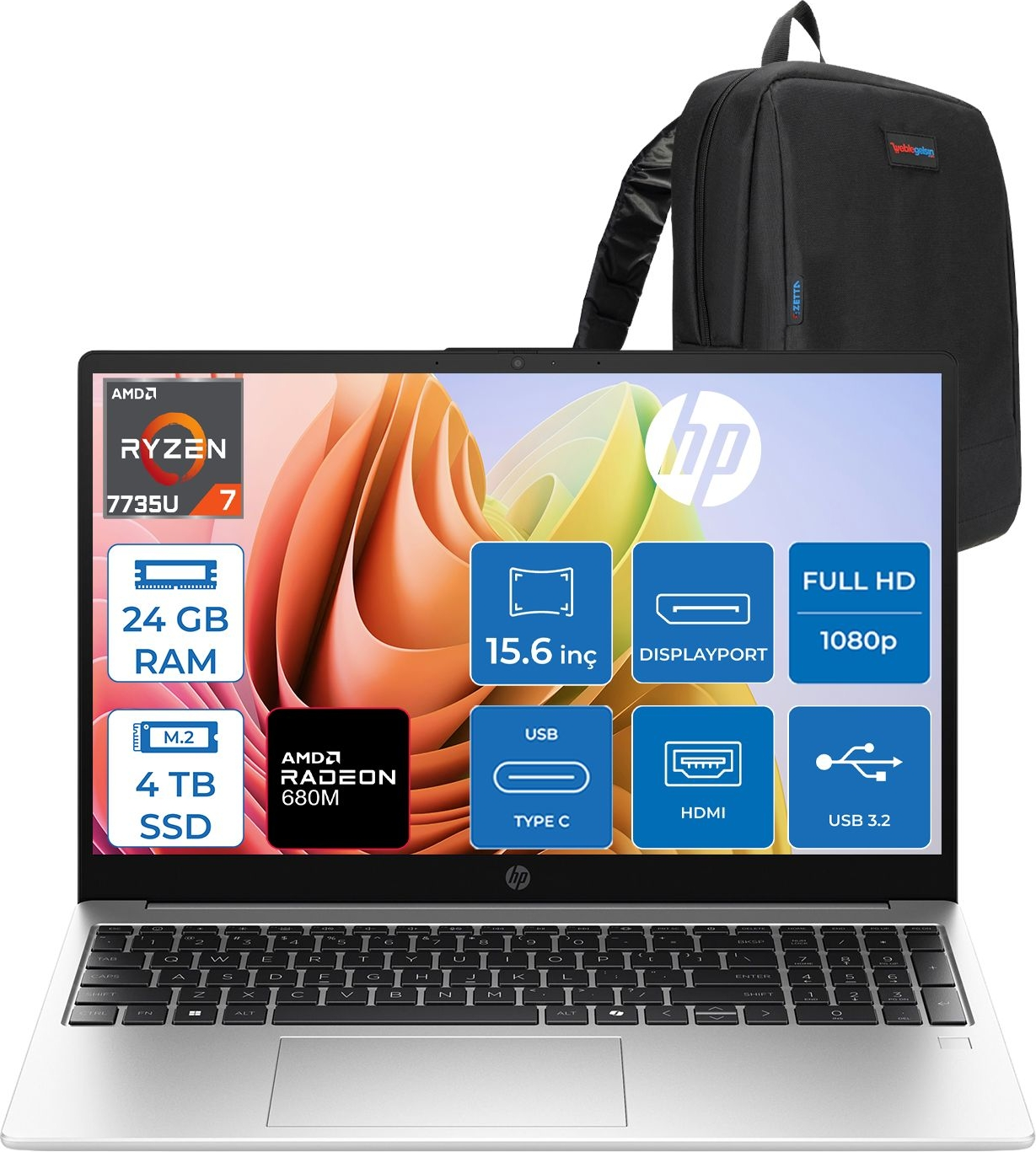Ryzen 7 CPU, 24 GB RAM, 4 TB SSD'li gümüş HP dizüstü bilgisayar ve siyah sırt çantası.