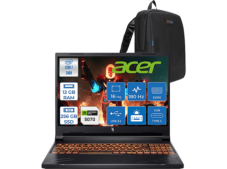 ACER Nitro V16 RTX5070/8GB 95W 180Hz Taşınabilir NHQZREY002F01 Intel® Core™ 7-240H 16 GB RAM 256 GB SSD 16 inç FreeDOS Laptop+Çanta Siyah