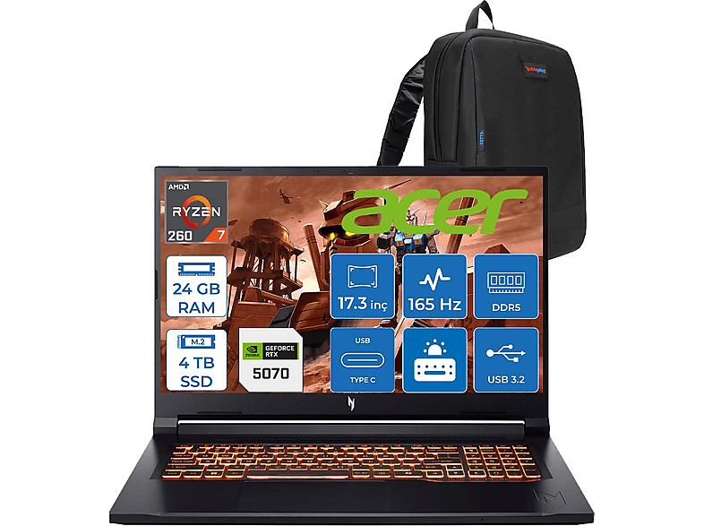ACER Nitro V17 ANV17 RTX5070 85W 2560X1440 NHQZKEY001F05 AMD Ryzen™ 7 260 24 GB RAM 4 TB SSD 17,3 inç FreeDOS Laptop+Çanta Siyah