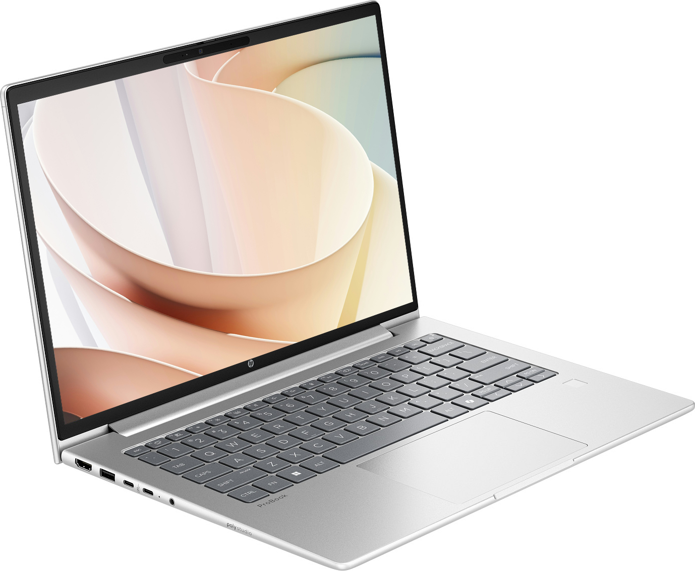 Gümüş HP ProBook dizüstü bilgisayar açık, klavye ve soyut duvar kağıdı görünüyor.