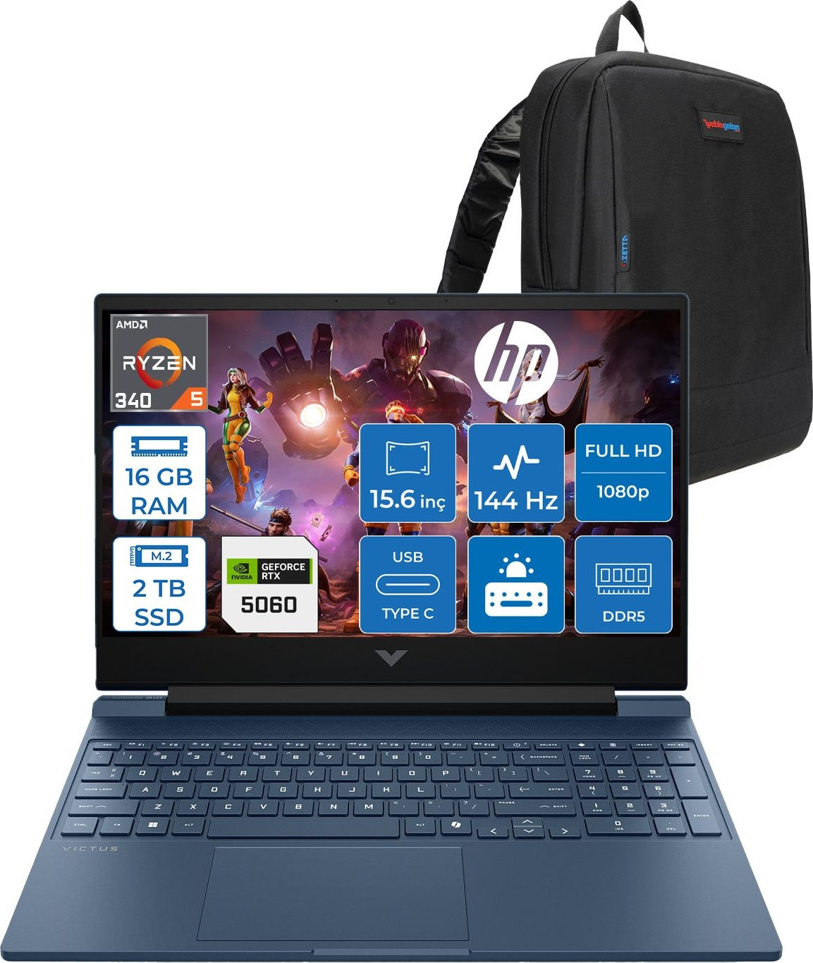 Siyah sırt çantalı mavi HP Victus dizüstü bilgisayar. Ekran özellikleri gösteriyor: Ryzen 5, 16 GB RAM, 2 TB SSD, RTX 5060.