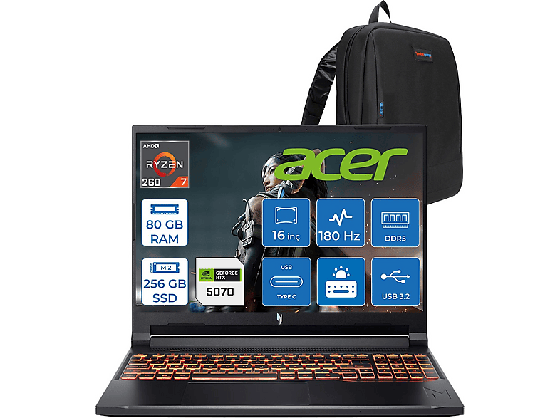 ACER Nitro V 16S RTX5070 95W 180Hz NHQYYEY001F21 AMD Ryzen™ 7 260 80 GB RAM 256 GB SSD 16 inç FreeDOS Laptop+Çanta Siyah