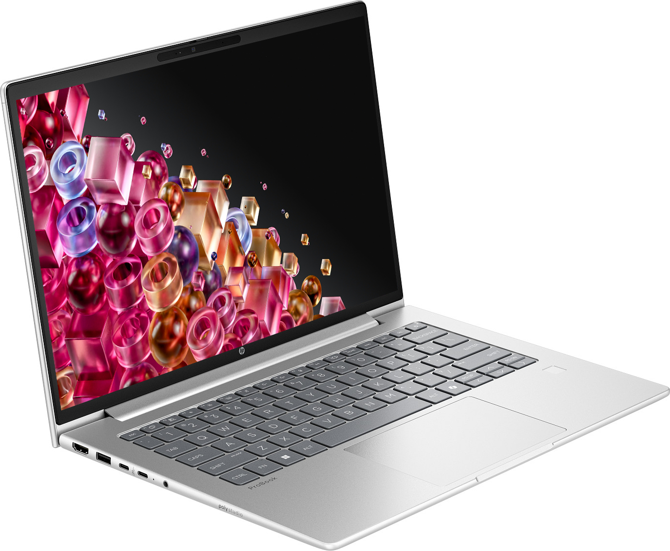 Gümüş HP ProBook dizüstü bilgisayar açık, klavye ve soyut renkli şekiller içeren ekranı gösteriyor.