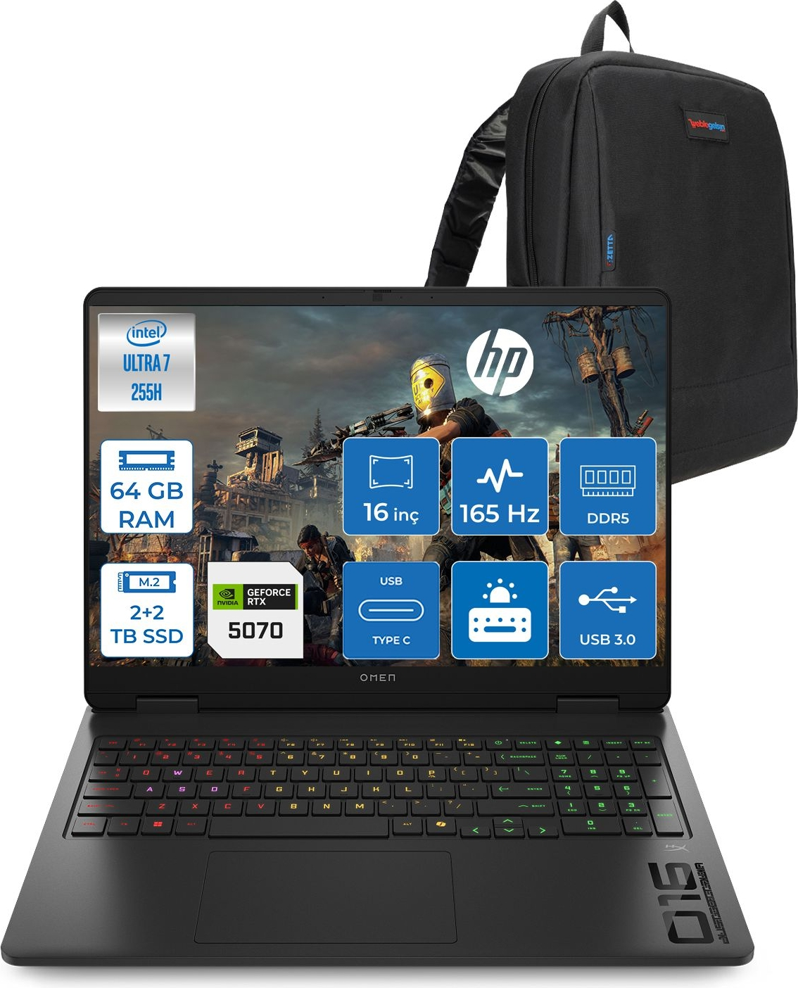 HP Omen AI 8GB RTX5070 2K 165 Hz 3 ms CD8M2EAF30 Intel Core Ultra 7 255H 64 GB RAM 2 TB SSD 16 inç FreeDOS Laptop+Çanta Siyah