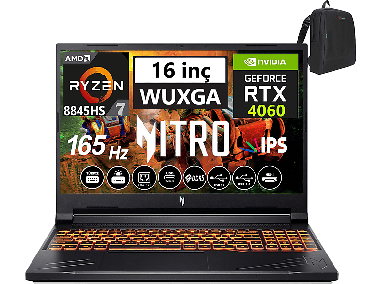ACER Nitro V16 8GB RTX4060 165Hz WXUGA IPS WNHQRUEY00303 AMD Ryzen 7 8845HS 24 GB RAM 2 TB SSD 16 inç FreeDOS Laptop+Çanta Siyah
