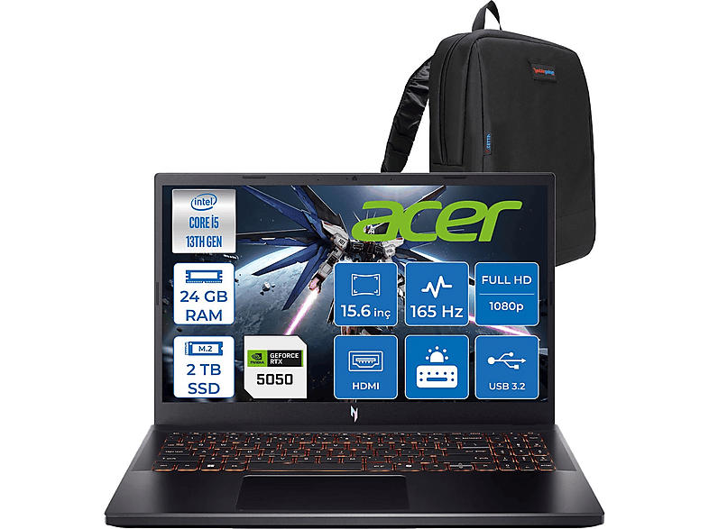 ACER Nitro V 15 ANV15 RTX5050/8GB NHQZ7EY003F09 Intel® Core™ i5-13420H 24 GB RAM 2 TB SSD 15,6 inç FreeDOS Laptop+Çanta Siyah