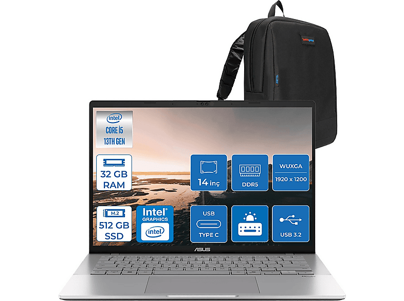 ASUS VivoBook WS3407VA S14 DDR5 Wuxga IPS 300NITS ZLY045F17 Intel Core I5-13420H 32 GB RAM 512 GB SSD 14 inç FreeDOS Laptop+Çanta Gümüş