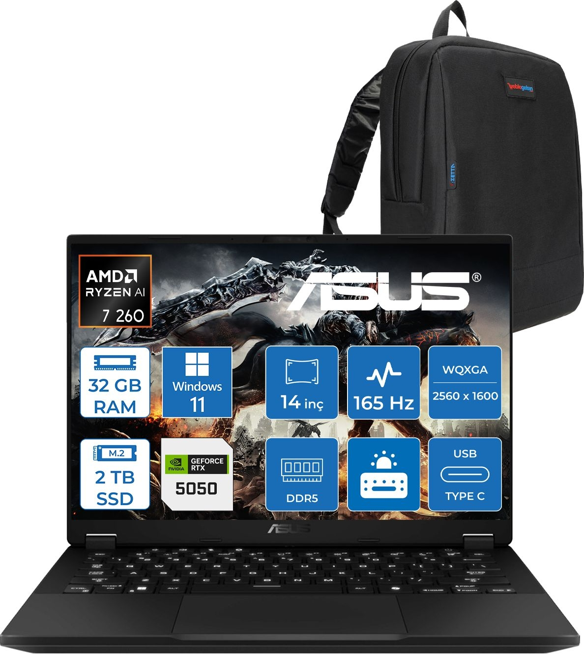 AMD Ryzen AI 7 260 işlemcili siyah Asus dizüstü bilgisayar, 32 GB RAM, 2 TB SSD ve siyah sırt çantası.