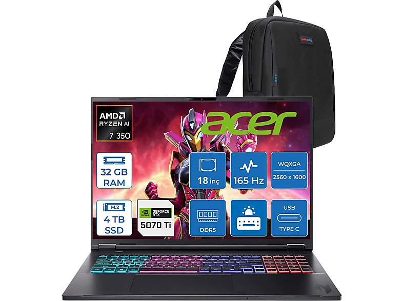 ACER Nitro 18 RTX5070Tİ/12GB Taşınabilir NHQYDEY002F15 AMD Ryzen™ 7 350 32 GB RAM 4 TB SSD 18 inç FreeDOS Laptop+Çanta Siyah