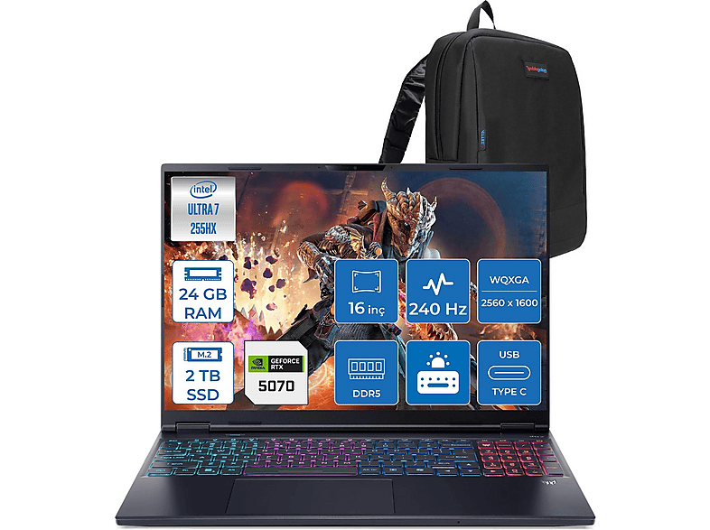 ACER Predator Helios 16S RTX5070 OLED NHQZFEY001F04 Intel® Core™ Ultra 7-255HX 24 GB RAM 2 TB SSD 16 inç FreeDOS Laptop+Çanta Siyah