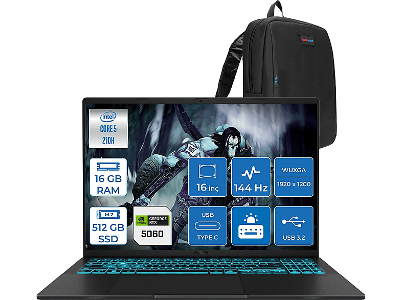 ASUS VivoBook 16 V3607VM DDR5 RTX5060 8GB 144HZ RP049F02 Intel Core I5-210H 16 GB RAM 512 GB SSD 16 inç FreeDOS Laptop+Çanta Siyah