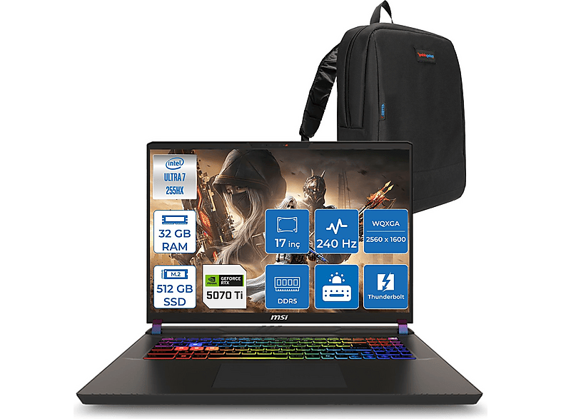 MSI Vector 17HX A2XWHG-086TR  RTX5070TI 140W  ZW086TRF09 Intel Core Ultra 7-255HX 32 GB RAM 1024 GB SSD 17 inç FreeDOS Laptop+Çanta Siyah