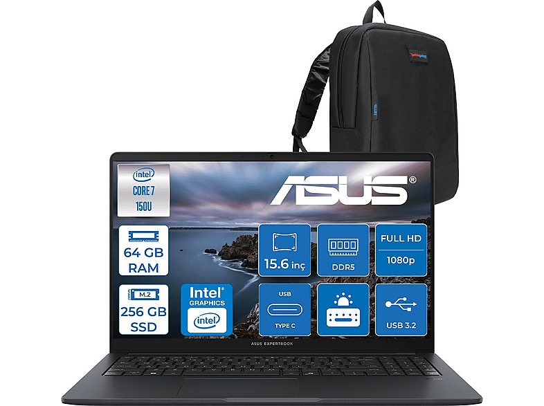 ASUS ExpertBook B1 B1503CVA C78G512B4D FHDS C78G512B4DF21 Intel Core I7-150U 64 GB RAM 256 GB SSD 15,6 inç FreeDOS Laptop+Çanta Siyah