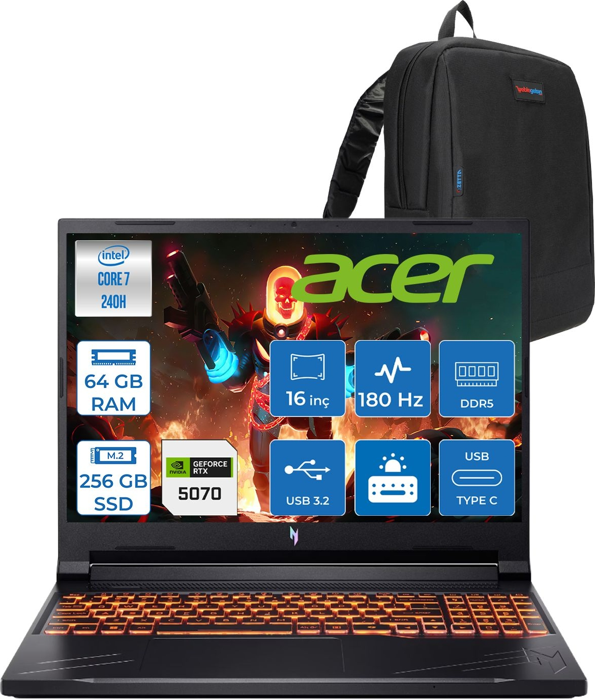 Intel Core i7, 64GB RAM, 256GB SSD, RTX 5070 Acer dizüstü bilgisayar ve sırt çantası.