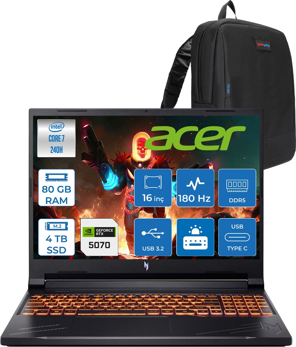 Intel Core 7, 80GB RAM, 4TB SSD, RTX 5070, 16 inç, 180Hz, DDR5, USB 3.2, Type C Acer dizüstü bilgisayar.