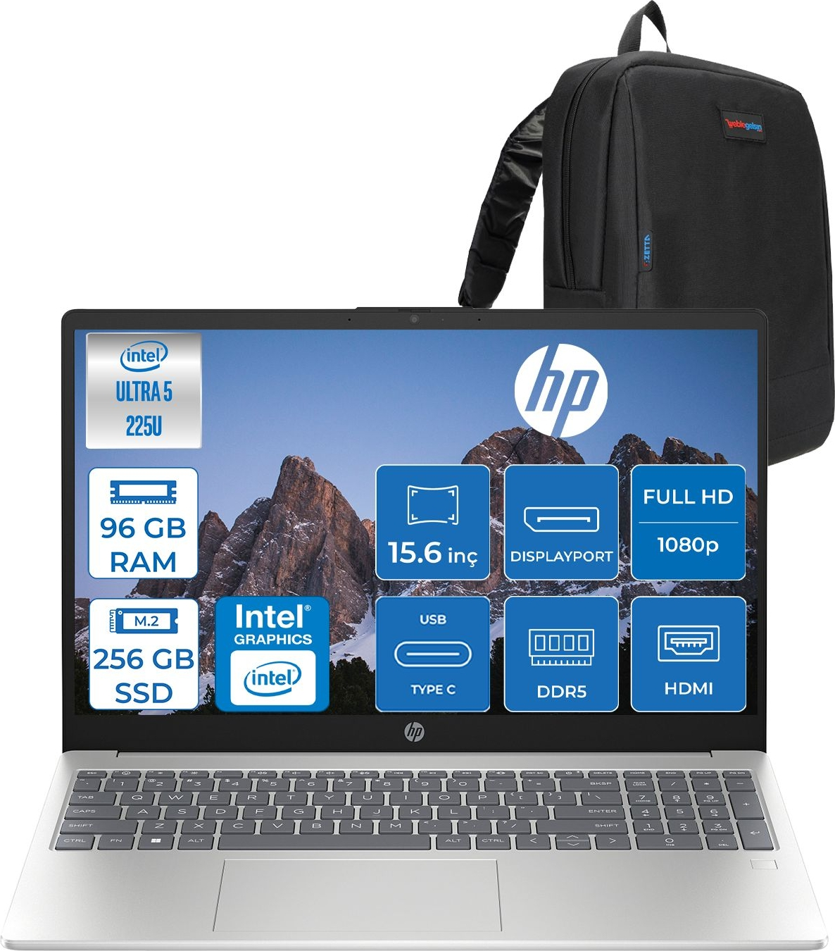 HP AI 15-FD2026NT Intel® Grafik D51E0EAF31 Intel Core Ultra 5 225U 96 GB RAM 256 GB SSD 15,6 inç FreeDOS Laptop+Çanta Siyah